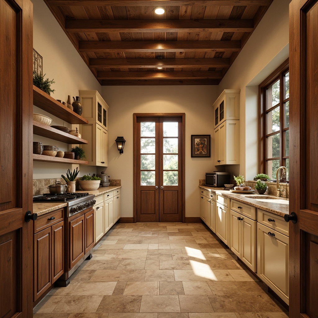 Prompt: Cozy pantry, warm earthy tones, rich wood accents, soft cream cabinets, rustic metal hardware, vintage-inspired accessories, natural stone countertops, warm beige walls, inviting ambient lighting, shallow depth of field, 1/2 composition, realistic textures, soft focus, calming atmosphere.