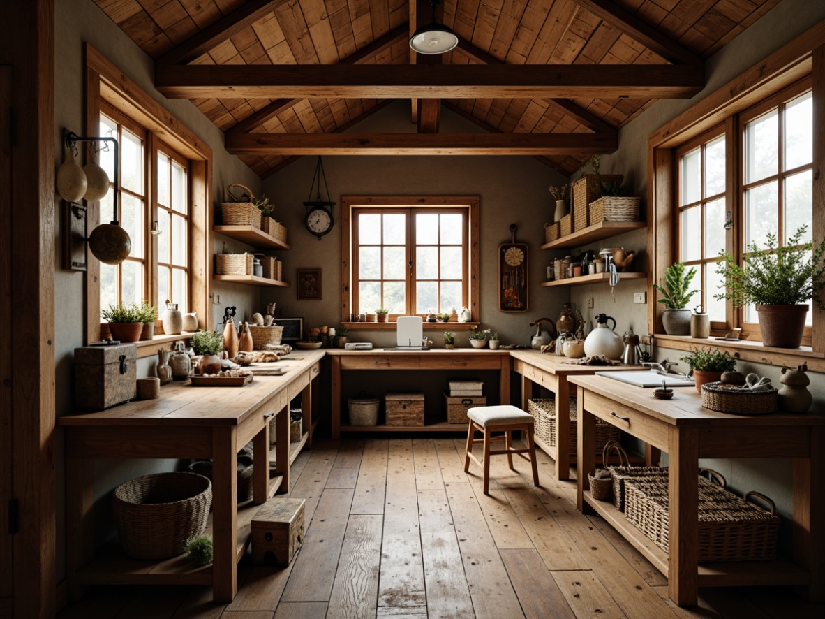 Prompt: Rustic craft room, wooden workbenches, vintage tools, distressed finishes, earthy tones, natural textiles, woven baskets, antique storage chests, ornate metal hardware, classic architectural details, warm soft lighting, shallow depth of field, 1/1 composition, realistic wood textures, ambient occlusion.