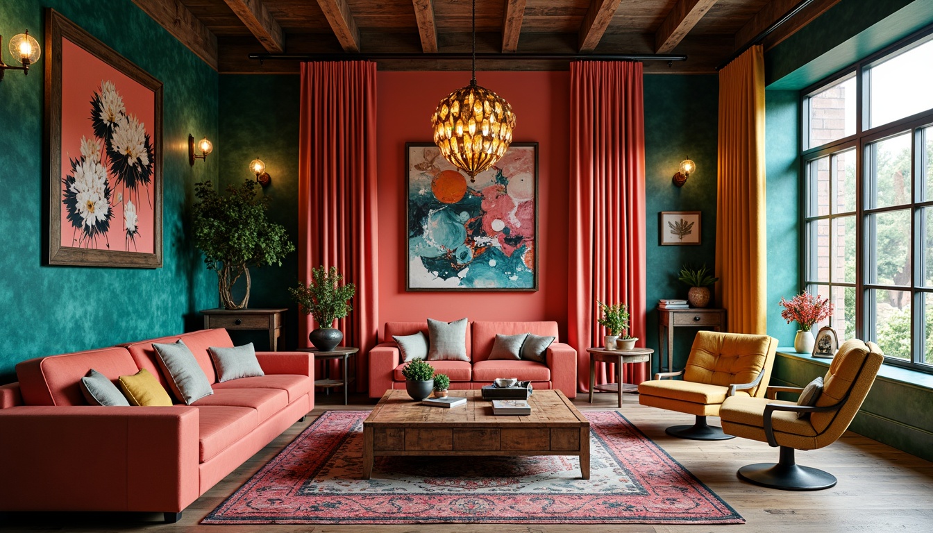 Prompt: Vibrant eclectic interior, bold statement walls, rich velvet fabrics, luxurious marble accents, metallic gold lighting, ornate wooden furniture, plush area rugs, distressed leather upholstery, whimsical abstract artwork, industrial metal decorations, reclaimed wood shelves, bold patterned textiles, bright coral hues, deep emerald greens, rich turquoise blues, warm golden yellows, soft blush pinks, dramatic chiaroscuro lighting, eclectic mix of vintage and modern pieces.