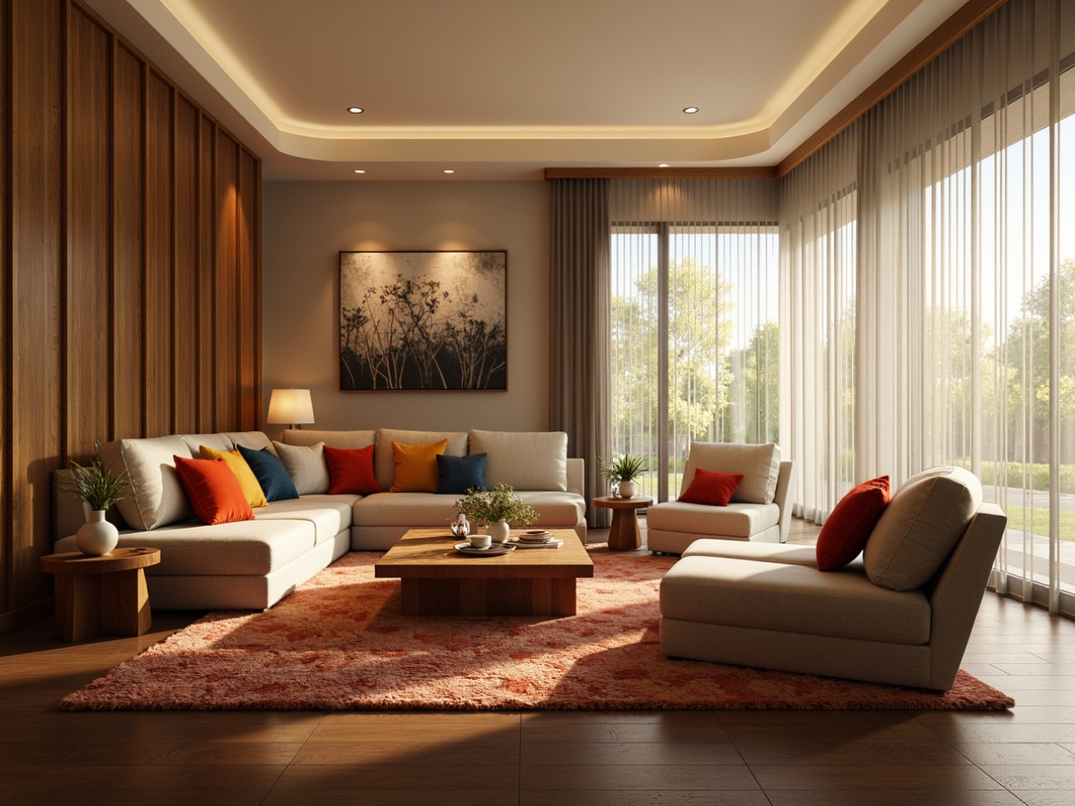 Prompt: Cozy living room, plush sofas, reclining armchairs, wooden coffee tables, soft cushions, vibrant throw pillows, modern minimalist decor, warm beige walls, large windows, natural light, sheer curtains, luxurious carpets, rich wood flooring, ambient lighting, 1/1 composition, intimate atmosphere, realistic textures.