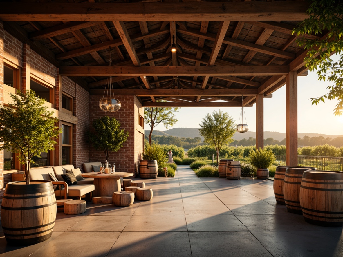 Prompt: Rustic winery, wooden barrels, vineyard scenery, warm golden lighting, soft ambient glow, pendant lamps, metal chandeliers, candlelight, earthy tones, natural stone walls, reclaimed wood accents, industrial chic decor, metal beams, exposed brick ceilings, modern farmhouse style, large windows, sliding glass doors, lush greenery, blooming vines, sunny afternoon, warm soft focus, shallow depth of field, 3/4 composition, realistic textures, ambient occlusion.