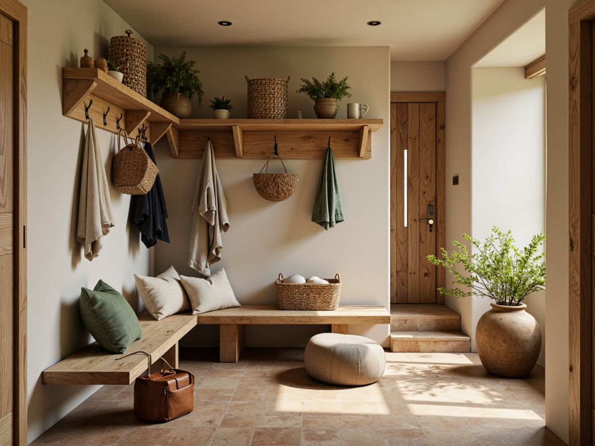 Prompt: Cozy mudroom, rustic wooden benches, warm beige walls, earthy brown floors, natural stone accents, woven baskets, vintage metal hooks, soft creamy lighting, relaxed atmosphere, calming color scheme, nature-inspired hues, muted sage green, weathered wood tones, distressed leather textures, organic shapes, free-flowing composition, airy feel, abundant natural light, subtle shadows.