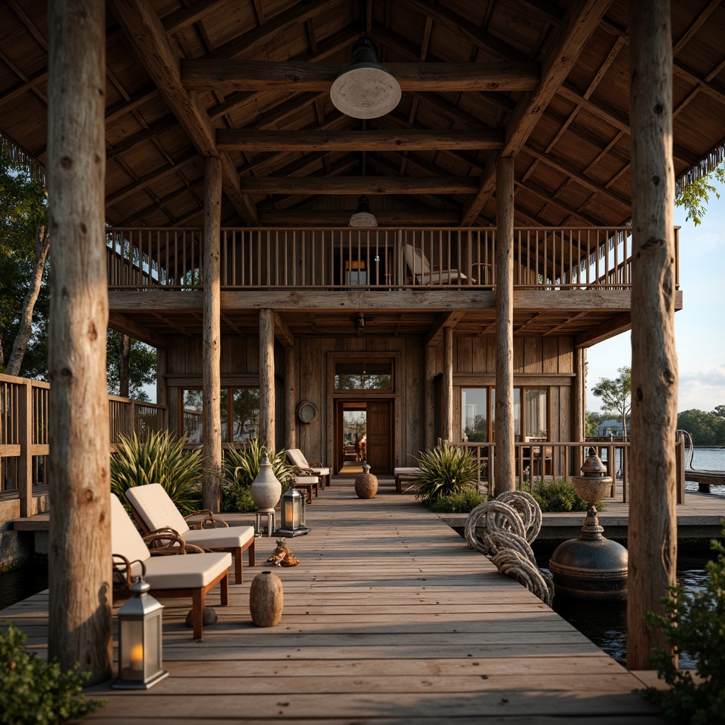 Prompt: Rustic boathouse, wooden docks, nautical ropes, vintage lanterns, distressed wood textures, earthy color palette, natural stone foundations, wooden slats, handcrafted wooden decorations, sailing-inspired ornaments, nostalgic maritime artifacts, warm cozy lighting, shallow depth of field, 1/1 composition, realistic wood grain, ambient occlusion.