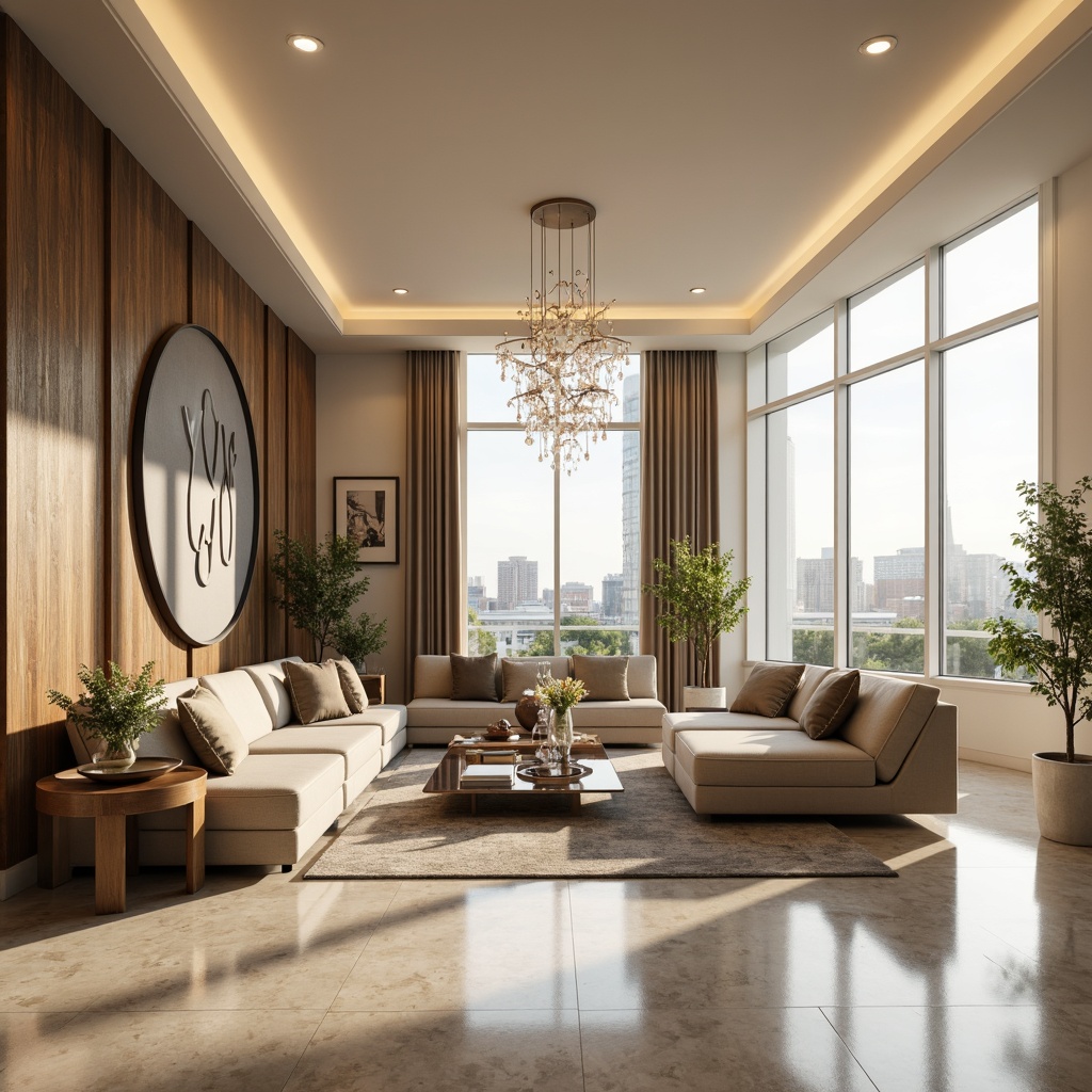 Prompt: Modern luxury living room, sleek lines, minimalist decor, polished marble floors, cream-colored walls, floor-to-ceiling windows, soft warm glow, LED strip lighting, crystal chandeliers, pendant lights, recessed lighting, ambient illumination, subtle shadows, sophisticated atmosphere, elegant furniture, velvet sofas, glass coffee tables, metallic accents, abstract artwork, cityscape views, sunny afternoon, shallow depth of field, 1/1 composition, realistic textures.