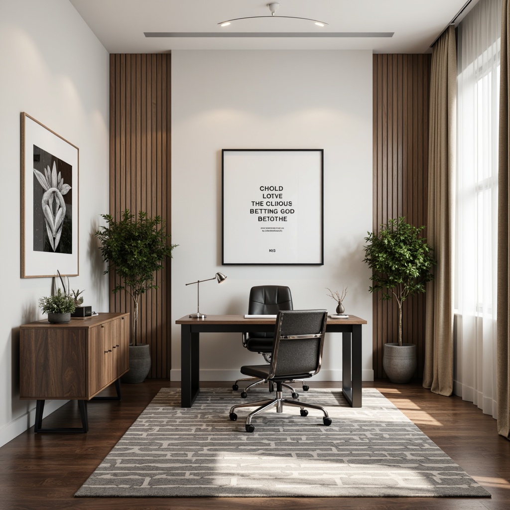 Prompt: Monochromatic modern home office, sleek streamline furniture, polished chrome accents, creamy white walls, rich walnut wood tones, bold black frames, geometric patterned rug, ambient softbox lighting, subtle gradient effects, minimalist decor, ergonomic chair, spacious desk, inspirational quotes, natural plants, warm beige curtains, abstract artwork, 1/1 composition, shallow depth of field, realistic textures.