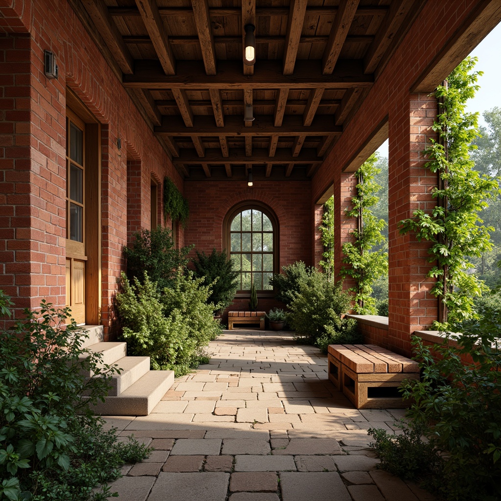 Prompt: Rustic brick cottage, exposed brick walls, earthy red tones, rough-hewn stone foundations, lush greenery, overgrown vines, wooden beams, distressed wood textures, warm ambient lighting, cozy atmosphere, natural material palette, earthy scent, soft focus, 1/1 composition, shallow depth of field, realistic textures.