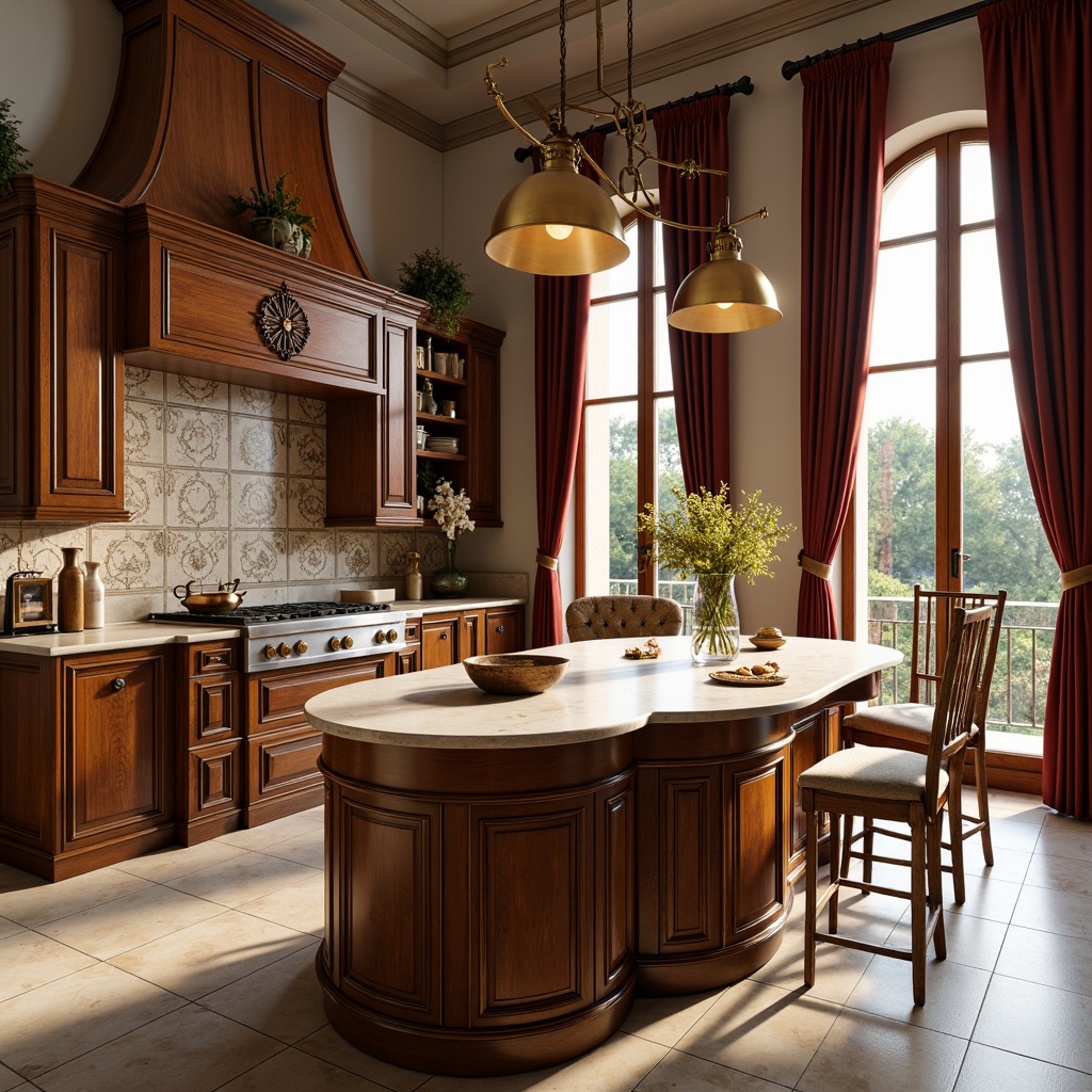 Prompt: Elegant kitchen island, curved wooden cabinetry, ornate metal hardware, flowing organic lines, sinuous shapes, botanical-inspired carvings, warm golden lighting, rich wood tones, marble countertops, decorative ceramic tiles, floral-patterned upholstery, velvet drapes, luxurious fabrics, soft morning light, shallow depth of field, 1/2 composition, realistic textures, ambient occlusion.