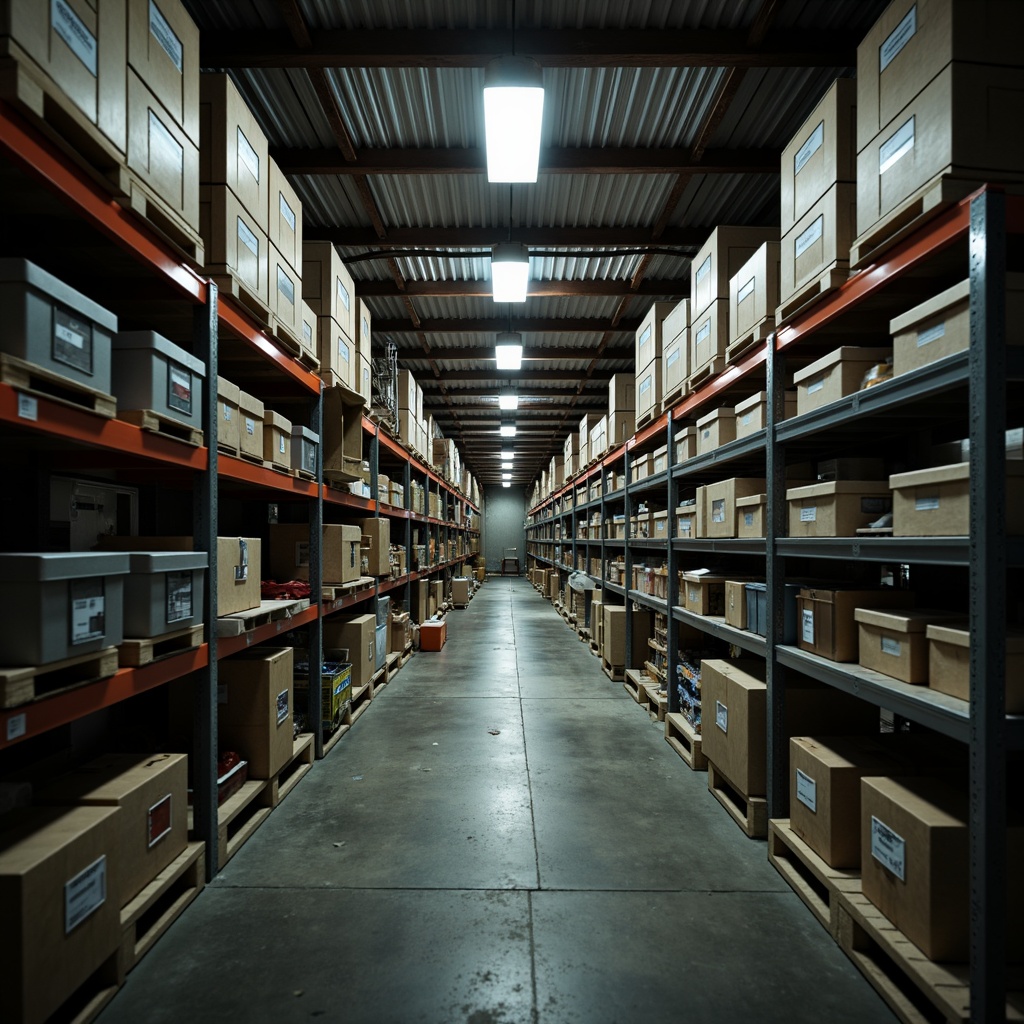 Prompt: Dimly lit storage room, industrial shelving units, metallic storage bins, concrete flooring, exposed ductwork, energy-efficient LED lighting, warm color temperature, high-ceiling clearance, narrow walkways, accessible storage compartments, reflective ceiling materials, softbox lighting fixtures, task-oriented lighting design, 1/2 composition, shallow depth of field, realistic textures, ambient occlusion.