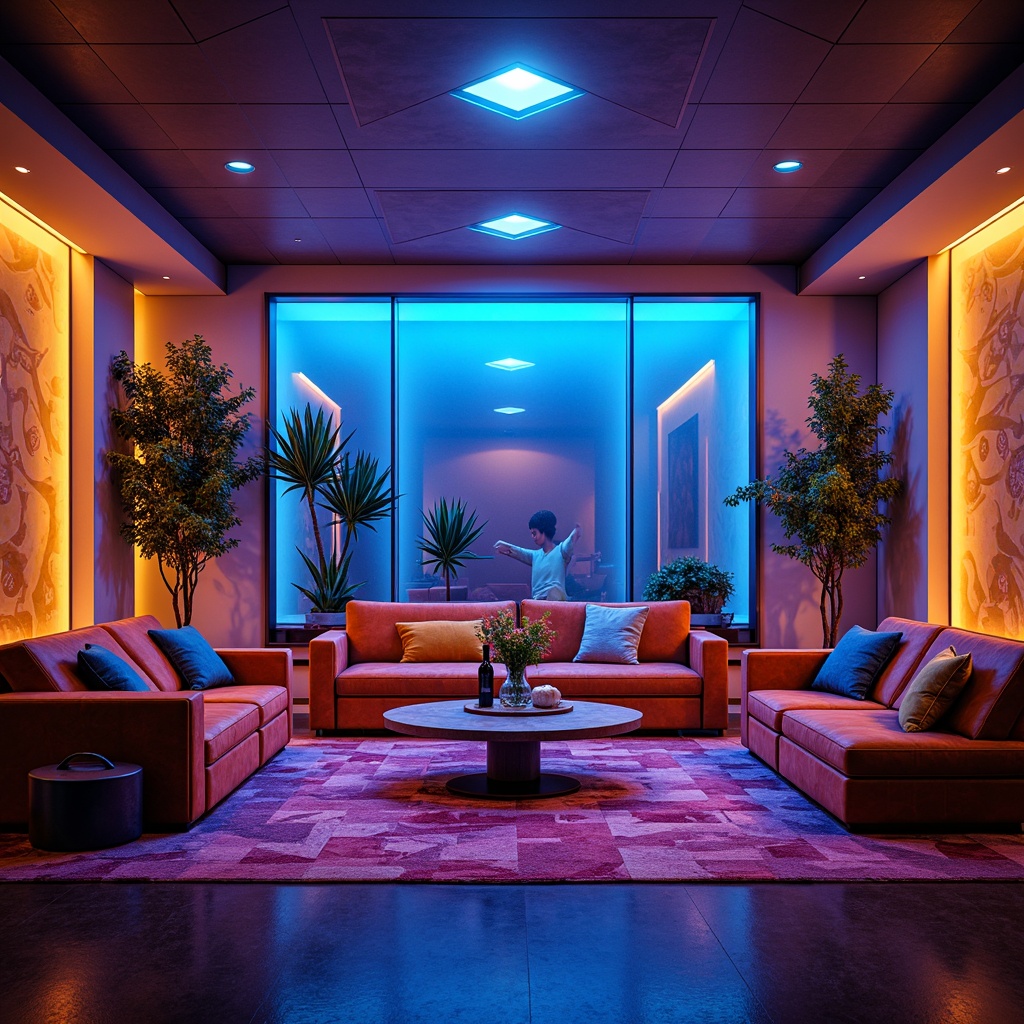 Prompt: Vibrant game room, bold neon hues, electric blue accents, warm golden lighting, rich wood tones, luxurious velvet fabrics, modern minimalist furniture, sleek metal frames, abstract geometric patterns, dynamic LED lights, immersive gaming atmosphere, high-contrast colors, 3D visual effects, futuristic ambiance, low-poly textures, atmospheric misting.