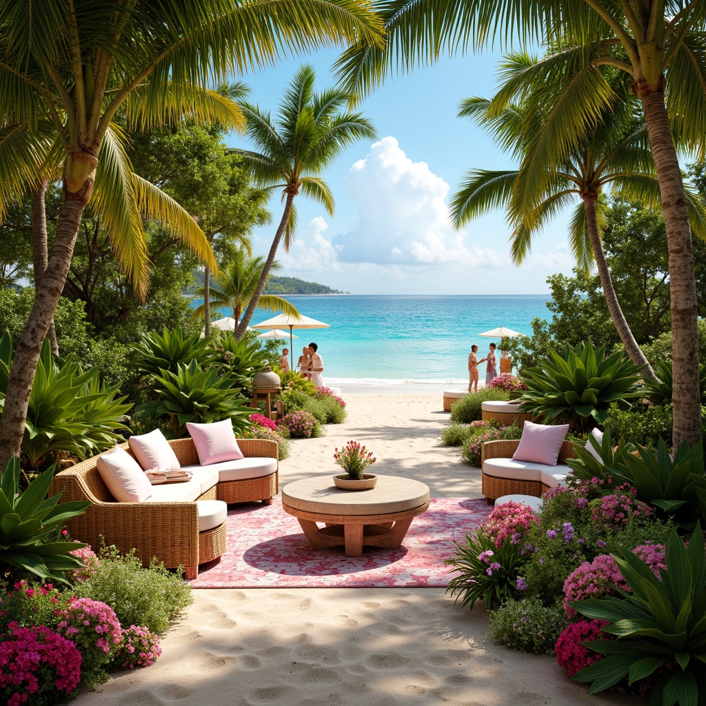 Prompt: Vibrant tropical venue, lush green foliage, exotic flowers, warm sandy beaches, turquoise ocean waters, sunny clear skies, colorful tiki torches, rattan furniture, natural textiles, woven palm fronds, bamboo accents, coral-inspired patterns, bright citrus hues, pastel pink and blue shades, warm golden lighting, soft misty atmosphere, shallow depth of field, 1/1 composition, realistic textures, ambient occlusion.