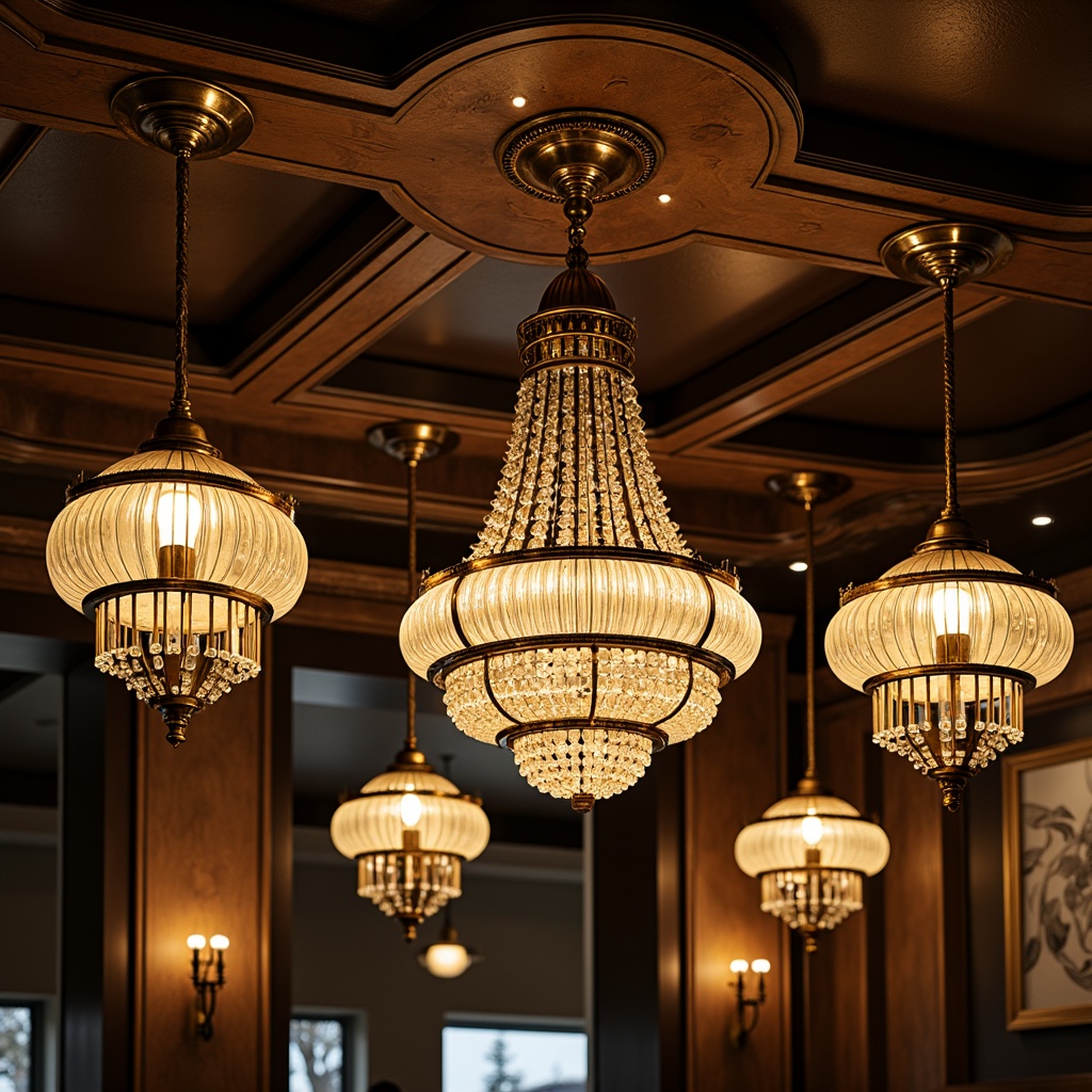 Prompt: Opulent chandeliers, geometric metalwork, ornate sconces, luxurious pendant lights, crystal droplets, bronze finishes, intricate glasswork, lavish ceiling fixtures, vintage-inspired lamps, curved lines, metallic accents, warm golden lighting, soft ambient glow, dramatic shadows, high-contrast illumination, 1920s-era nostalgia, glamorous atmosphere, sophisticated elegance.