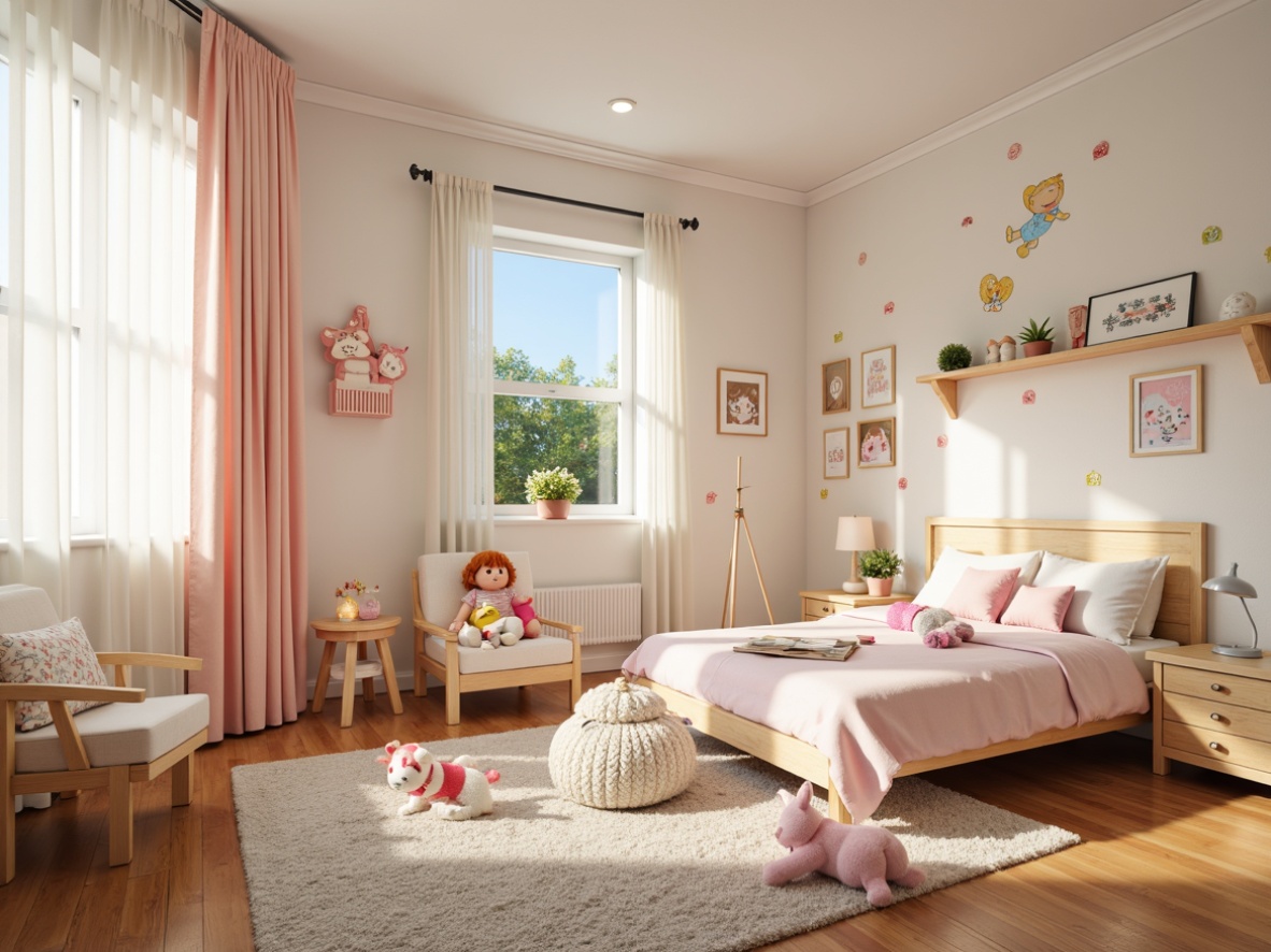 Prompt: Whimsical kids' bedroom, soft pastel colors, playful furniture, cartoon character decorations, cozy reading nooks, warm floor lamps, string lights, colorful table lamps, adjustable desk lamps, natural daylight, sheer curtains, gentle morning sunlight, creamy white walls, wooden floorboards, comfortable plush carpets, fun themed wall decals, 3D decorative stickers, shallow depth of field, soft focus, vibrant colors, whimsical textures.