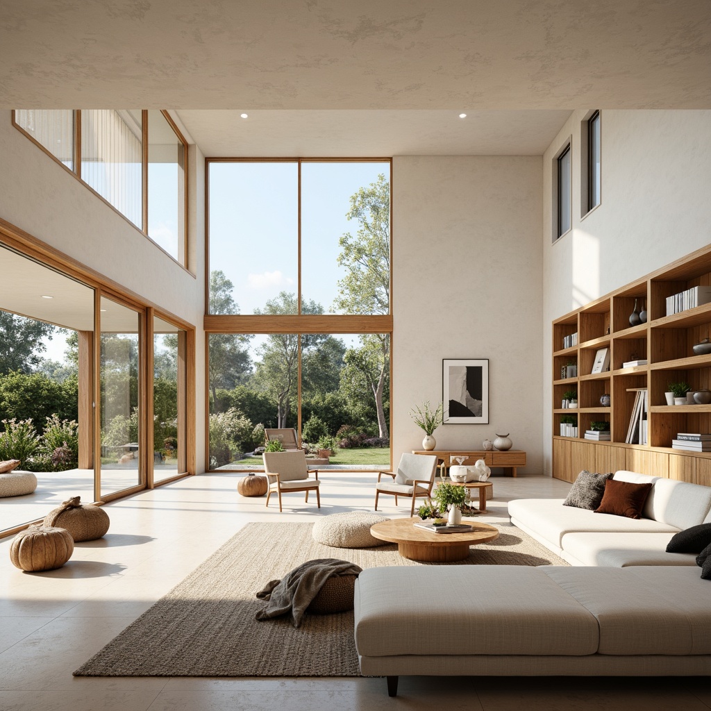 Prompt: Minimalist Scandinavian villa, large open spaces, floor-to-ceiling windows, sliding glass doors, natural light pouring in, airy atmosphere, wooden accents, light-colored walls, sparse furniture, functional decor, Nordic-inspired textiles, geometric patterns, cozy reading nooks, built-in shelving units, organic shapes, seamless transitions, 1/1 composition, soft warm lighting, realistic wood textures, ambient occlusion.