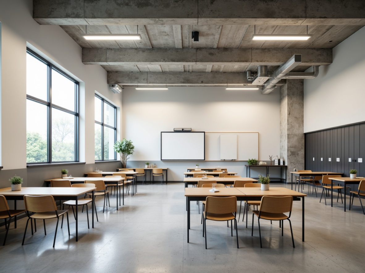 Prompt: Simple high school classroom, minimalistic decor, functional furniture, wooden desks, ergonomic chairs, metal lockers, plain whiteboards, subtle color schemes, natural light, large windows, polished concrete floors, industrial-style lighting, geometric patterns, modern typography, clean lines, clutter-free spaces, soft ambient lighting, shallow depth of field, 1/1 composition, realistic textures.