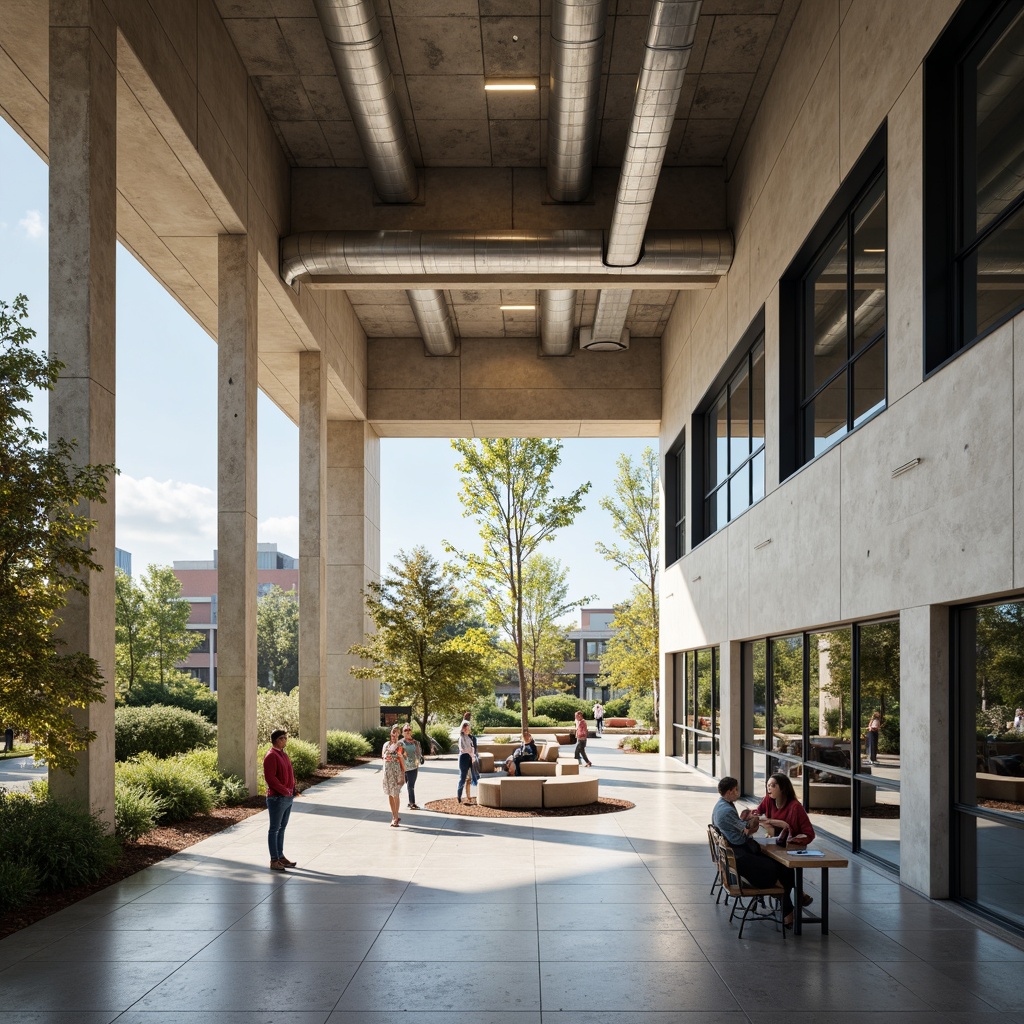 Prompt: Minimalist high school building, open courtyard, natural stone floors, sparse greenery, industrial metal beams, exposed ductwork, polished concrete walls, large windows, sliding glass doors, abundant natural light, airy atmosphere, minimal decorations, modern furniture, collaborative learning spaces, flexible seating arrangements, soft warm lighting, shallow depth of field, 1/2 composition, panoramic view, realistic textures, ambient occlusion.