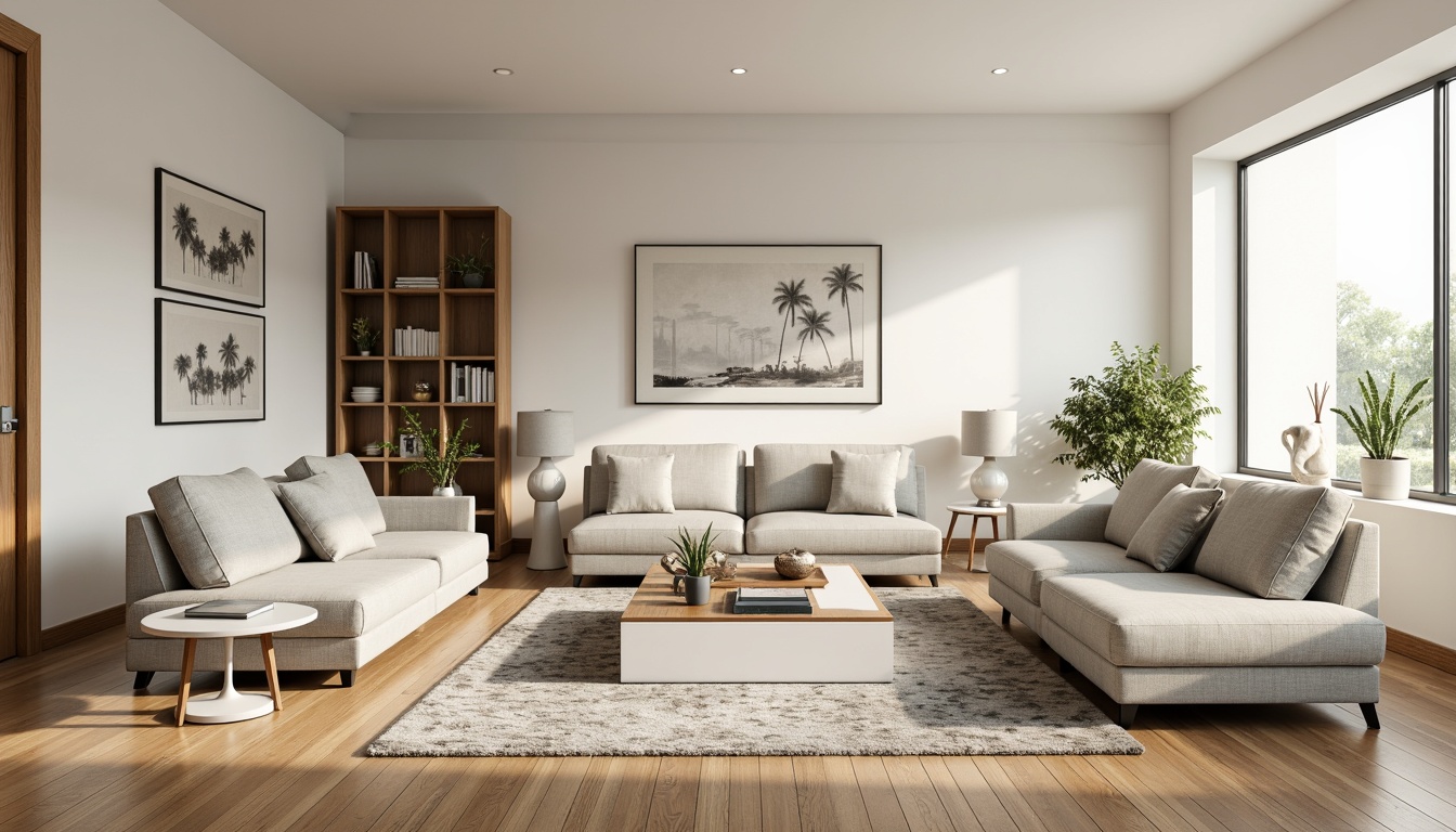 Prompt: Modern living room, sleek minimalist decor, comfortable couches, coffee table with storage, functional shelving units, ergonomic chairs, floor lamps, natural wood flooring, creamy white walls, large windows, soft diffused lighting, 1/1 composition, realistic textures, ambient occlusion.