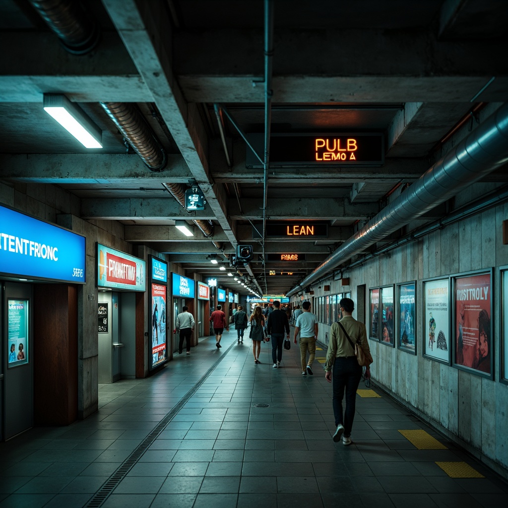 Prompt: Exposed concrete ceilings, industrial-style lighting fixtures, harsh overhead lighting, dramatic shadows, cold atmospheric tones, brutalist architecture, urban underground setting, metro station platform, rush hour crowds, dynamic movement, fast-paced city life, modernist design elements, functional minimalism, raw concrete walls, steel beams, industrial pipes, bold typography signage, vibrant neon advertisements, moody ambient lighting, cinematic color grading, high contrast ratio, shallow depth of field, 2/3 composition, symmetrical framing.