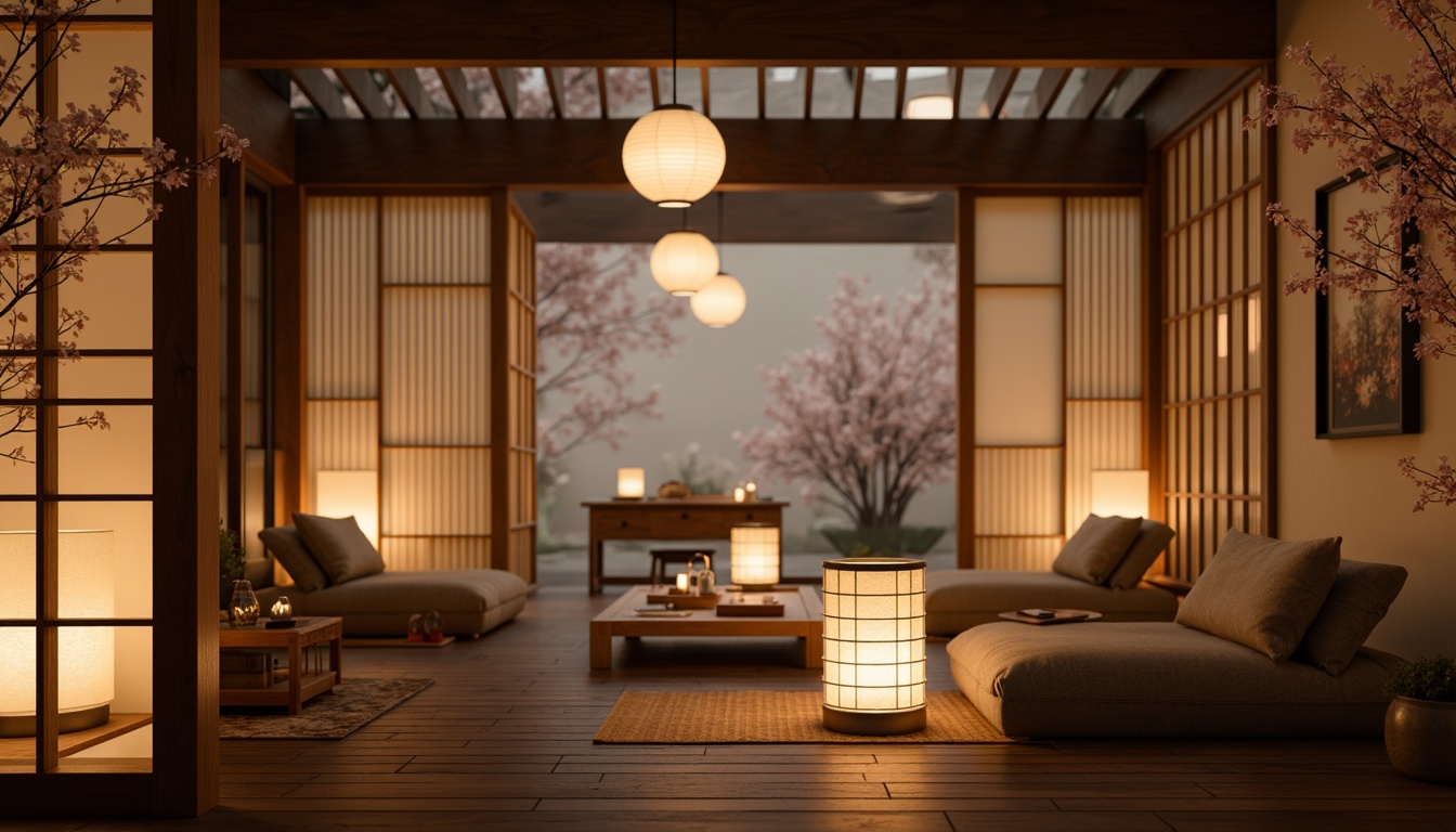 Prompt: Soothing lanterns, warm candlelight, subtle LED strips, paper lantern-inspired fixtures, natural fiber shades, rice paper screens, traditional Japanese shoji doors, floor-to-ceiling windows, minimalist metal frameworks, delicate cherry blossom branches, soft morning light, misty atmosphere, shallow depth of field, 1/1 composition, intimate ambient lighting, warm beige tones, subtle wood textures, oriental-inspired patterns, intricate wooden carvings.