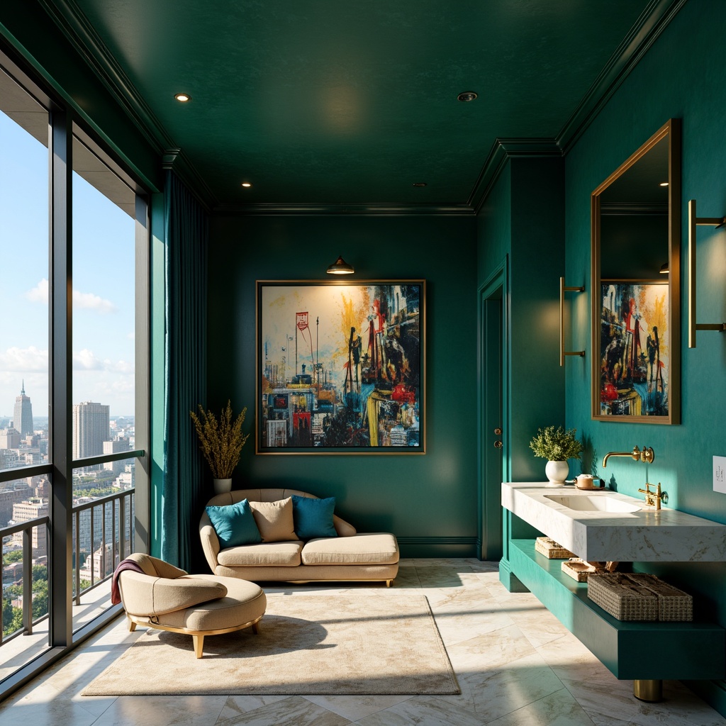 Prompt: Luxurious penthouse interior, rich jewel-toned color palette, emerald green walls, navy blue accents, metallic gold fixtures, creamy marble countertops, velvety soft furnishings, avant-garde artwork, abstract expressionist patterns, oversized windows, breathtaking cityscape views, dramatic lighting effects, high-contrast shadows, bold architectural lines, sleek minimalism, sophisticated ambiance, intimate relaxation areas, lavish entertainment spaces.