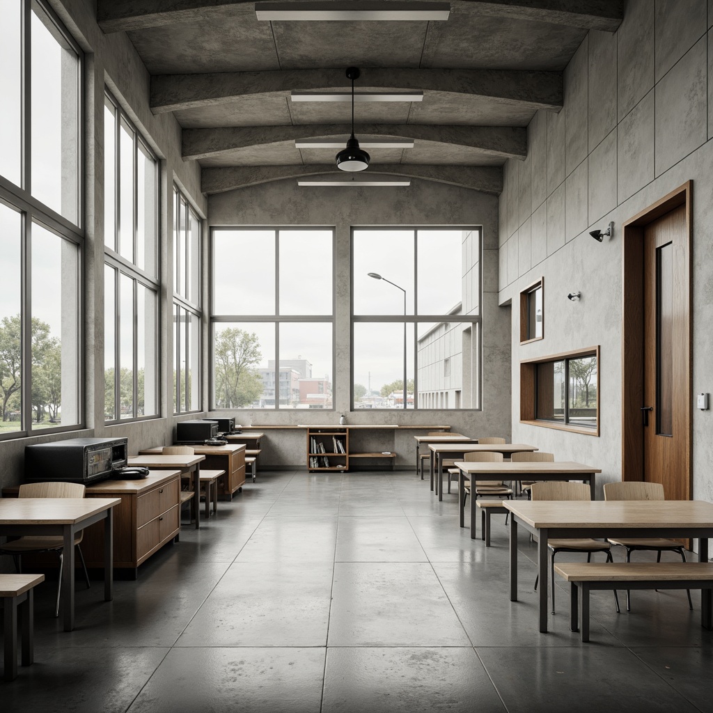 Prompt: Monochromatic school interior, clean lines, minimal ornamentation, textured concrete walls, industrial-style lighting fixtures, wooden accents, simple furniture, neutral color palette, natural materials, earthy tones, abundant natural light, soft shadows, subtle reflections, shallow depth of field, 1/1 composition, realistic render, ambient occlusion.