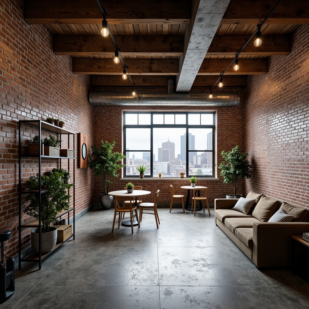 Prompt: Exposed brick walls, industrial metal beams, reclaimed wood accents, vintage factory lighting, distressed concrete floors, urban loft atmosphere, modern minimalist decor, functional metal shelves, Edison bulb fixtures, exposed ductwork, industrial-style windows, urban cityscape views, natural light pouring in, high ceilings, open space layout, 3/4 composition, shallow depth of field, realistic textures, ambient occlusion.