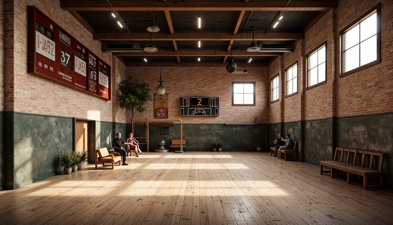 Prompt: Rustic gymnasium interior, reclaimed wooden flooring, distressed wood planks, exposed brick walls, industrial metal beams, vintage athletic equipment, natural stone accents, earthy color palette, warm ambient lighting, shallow depth of field, 2/3 composition, realistic textures, ambient occlusion, rustic wooden benches, retro-style scoreboards, nostalgic athletic memorabilia.