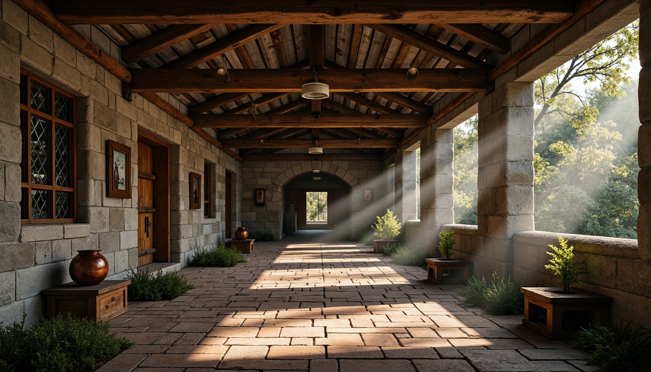 Prompt: Rustic memorial center, weathered wooden beams, distressed stone walls, vintage metal lanterns, worn brick floors, earthy color palette, natural textures, moss-covered statues, aged copper accents, ornate wooden doors, stained glass windows, dim warm lighting, shallow depth of field, 1/2 composition, atmospheric mist, subtle god rays, realistic wear and tear.