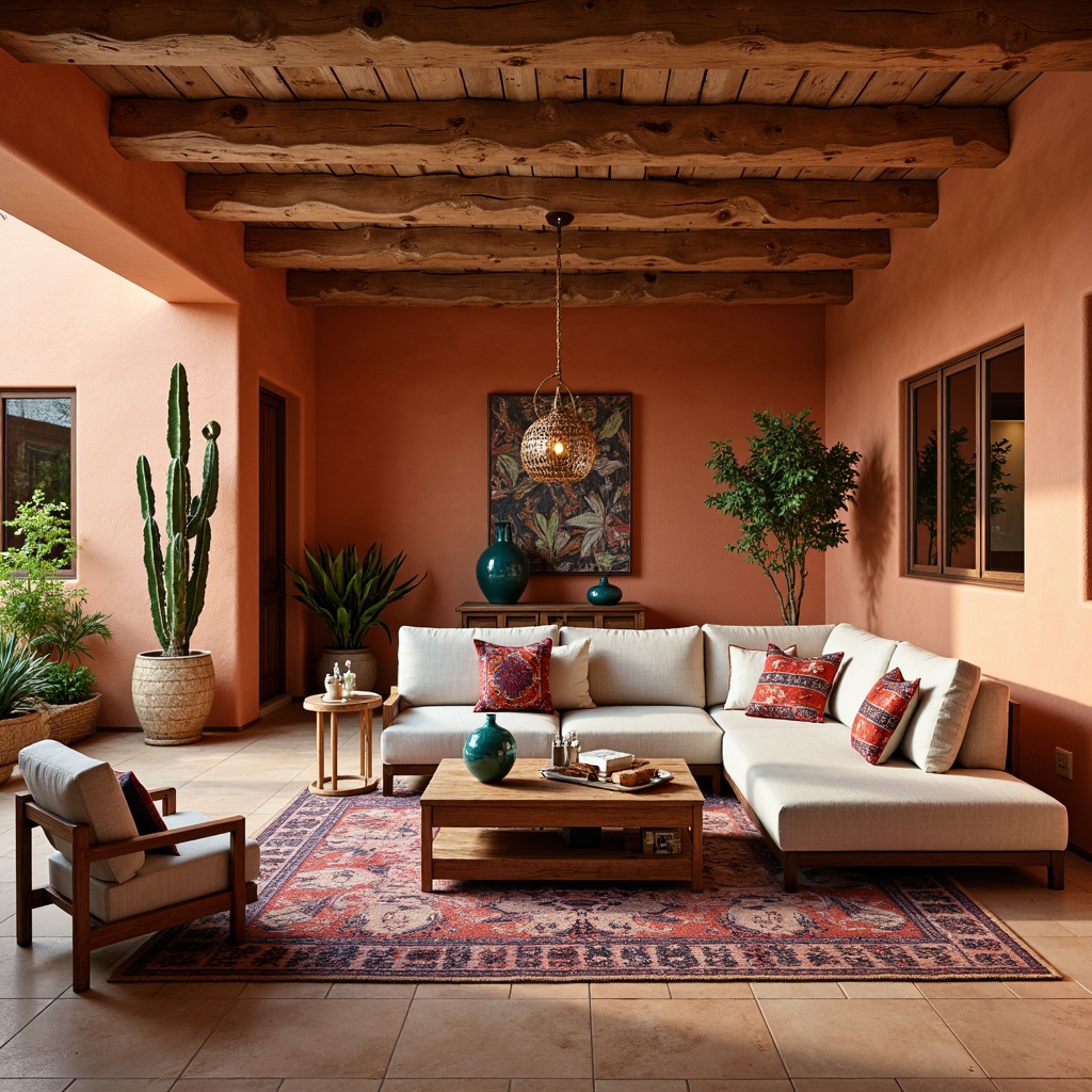 Prompt: Vibrant southwestern living room, rich terracotta walls, warm beige floors, plush furnishings, colorful kilim pillows, geometric patterned rugs, rustic wooden accents, ornate metalwork, turquoise glass vases, potted cacti, woven baskets, textured stucco ceilings, soft warm lighting, shallow depth of field, 3/4 composition, panoramic view, realistic textures, ambient occlusion.