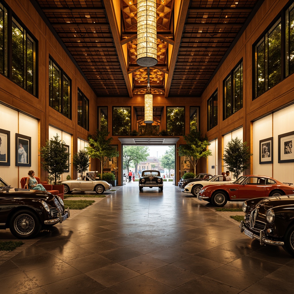 Prompt: Art Deco garage, luxurious metallic finishes, bold geometric patterns, opulent jewel-toned colors, rich wood accents, ornate ironwork details, vintage car displays, sleek glass doors, polished chrome fixtures, retro-futuristic ambiance, warm golden lighting, 3/4 composition, shallow depth of field, cinematic mood, nostalgic atmosphere.