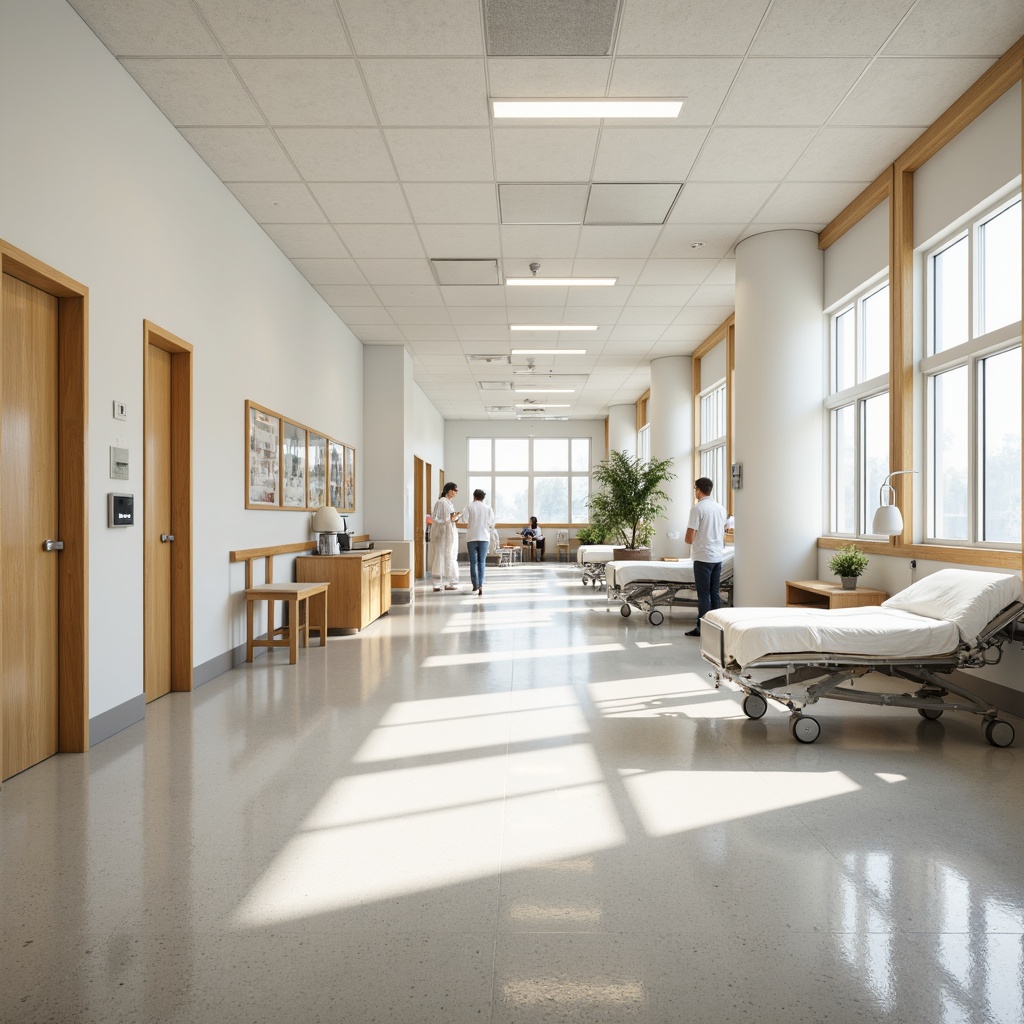 Prompt: Academic hospital interior, sterile white walls, warm beige accents, polished chrome fixtures, wooden door frames, large windows, natural light, soft diffused lighting, minimalist decor, educational displays, medical equipment, hospital beds, nurse stations, calming color schemes, soothing textures, subtle patterns, acoustic panels, sound-absorbing materials, smooth concrete floors, epoxy resin coatings, high-gloss finishes, clean lines, geometric shapes, 1/2 composition, atmospheric perspective, realistic renderings.