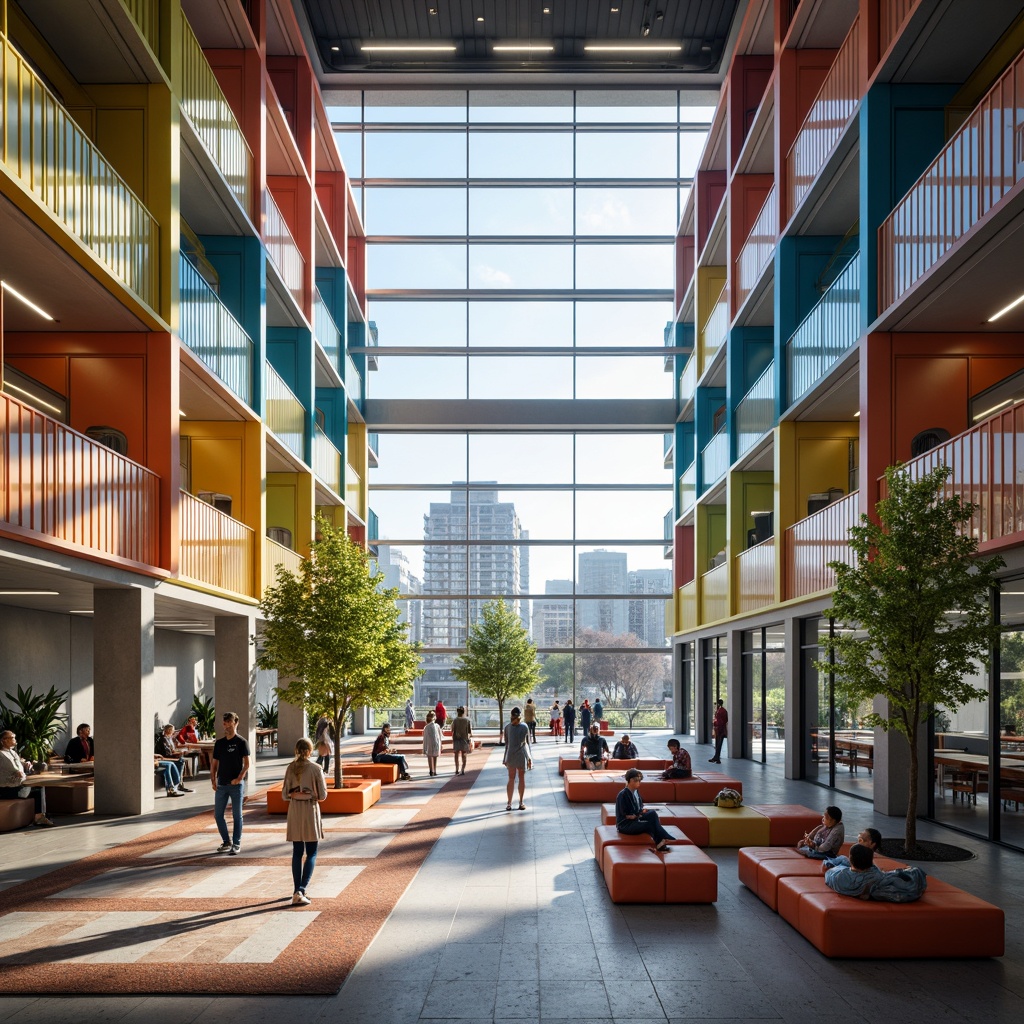 Prompt: Vibrant student hall, modern architecture, bold color blocks, glass fa\u00e7ade, minimalist interior design, sleek furniture, metallic accents, natural light pouring in, open communal spaces, collaborative learning areas, comfortable seating zones, interactive whiteboards, abstract geometric patterns, dynamic LED lighting, urban cityscape view, morning sunlight, shallow depth of field, 3/4 composition, realistic textures, ambient occlusion.