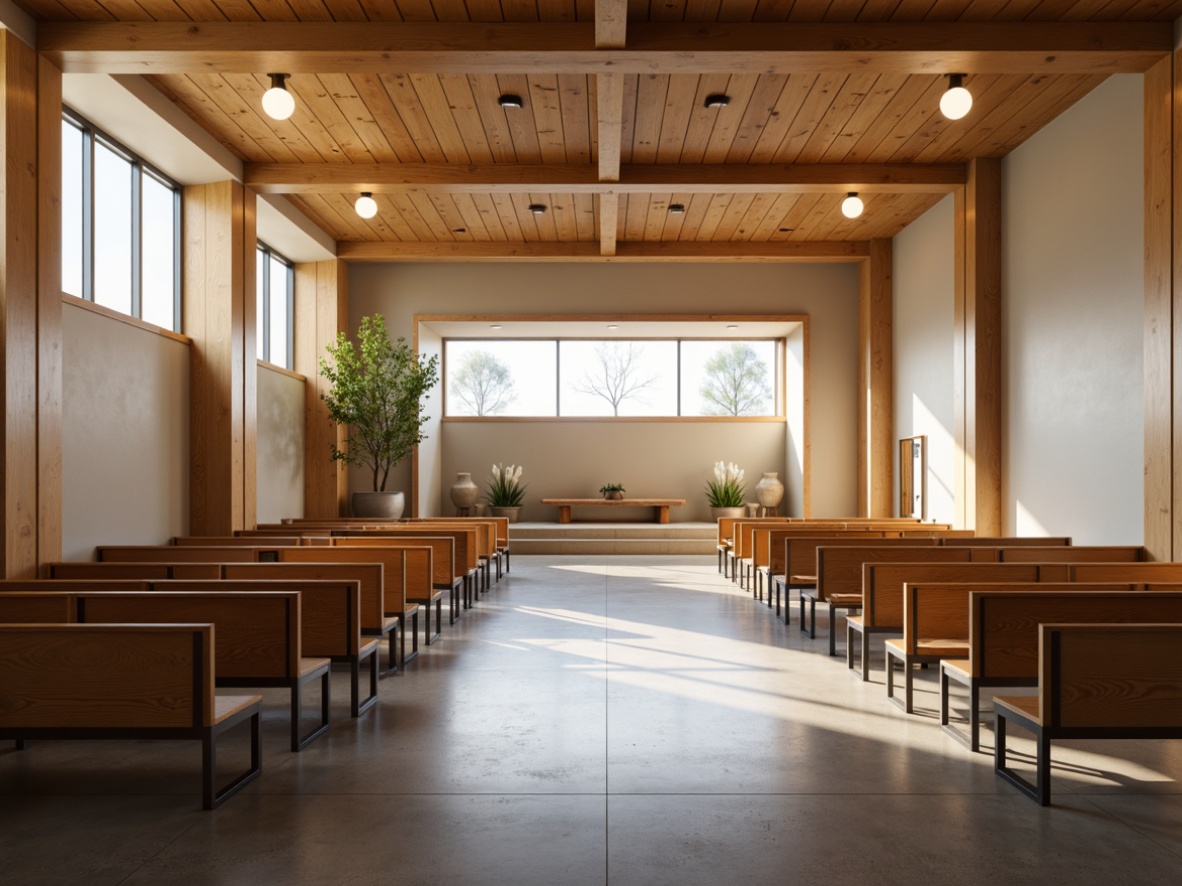 Prompt: Modern church interior, minimalistic decor, natural light pouring in, polished concrete floors, wooden accents, sleek metal railings, warm beige walls, subtle texture variations, industrial chic lighting fixtures, minimalist pews, stained glass windows, ambient soft glow, shallow depth of field, 1/1 composition, symmetrical architecture, spiritual atmosphere, calming ambiance, earthy tones, matte finishes, understated elegance.