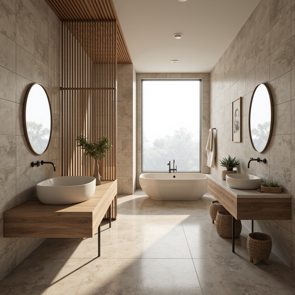 Prompt: Minimalist bathroom, natural stone walls, wooden accents, light-colored woods, matte finishes, Nordic-inspired patterns, soft warm lighting, spa-like ambiance, freestanding tubs, wall-mounted sinks, minimalist faucets, large format tiles, honed marble countertops, woven baskets, potted greenery, foggy mirrors, subtle texture contrasts, calming color palette, serene atmosphere, 1/1 composition, shallow depth of field, realistic reflections.