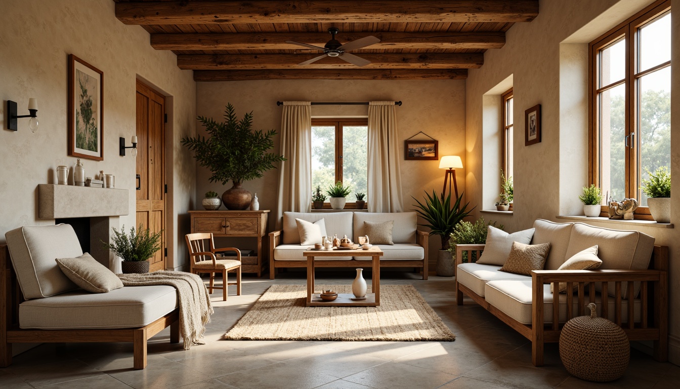 Prompt: Earthy vernacular interior, warm beige walls, rustic wooden accents, natural stone flooring, cozy throw blankets, vintage decorative items, distressed wood furniture, soft cream-colored upholstery, woven baskets, potted greenery, warm candle lighting, shallow depth of field, 1/1 composition, inviting atmosphere, realistic textures, ambient occlusion.