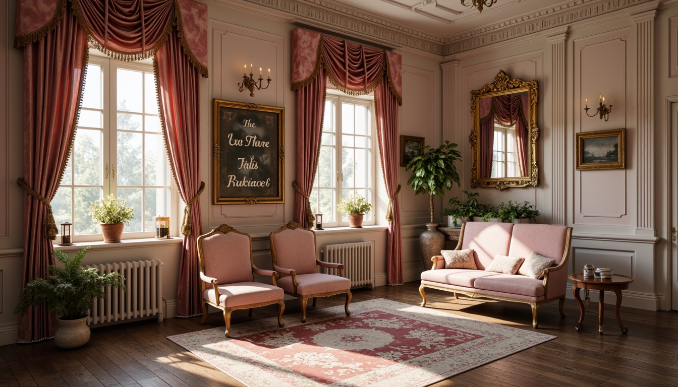 Prompt: Distressed velvet drapes, ornate gold frames, soft blush pink walls, rustic wooden floors, vintage chandeliers, creamy white columns, delicate lace details, antique furniture pieces, muted mauve accents, warm beige tones, rich burgundy reds, intricate floral patterns, whimsical script fonts, warm candle lighting, shallow depth of field, 1/2 composition, romantic atmosphere, realistic textures, ambient occlusion.Let me know if this meets your expectations!