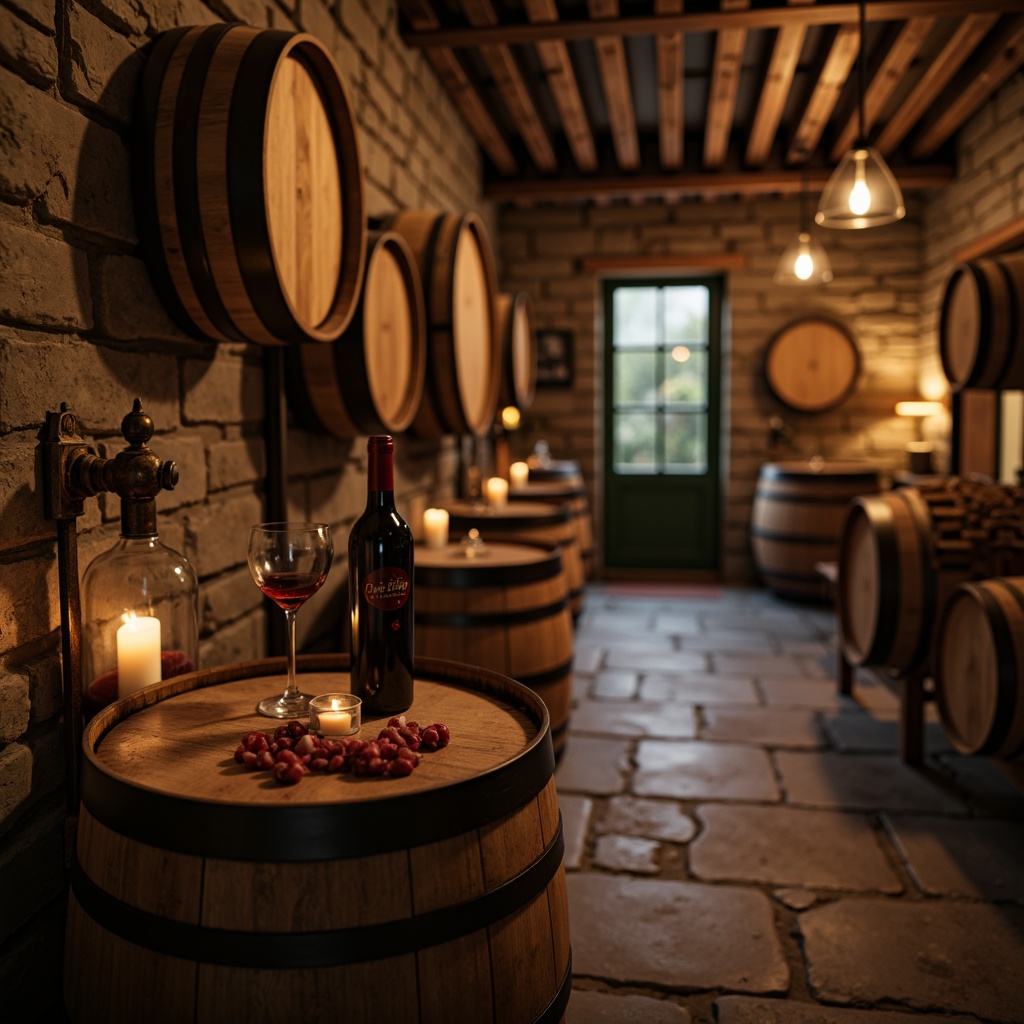 Prompt: Rustic winery, earthy tones, wooden barrels, stone walls, vintage metal equipment, distressed wood textures, natural stone flooring, reclaimed wood accents, warm candle lighting, soft warm atmosphere, shallow depth of field, 1/1 composition, intimate close-up shots, realistic wine bottle renderings, ambient occlusion, subtle noise texture, organic shapes, earthy color palette.