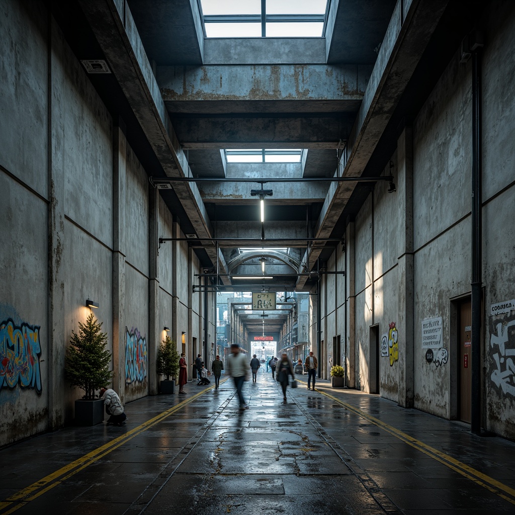 Prompt: Exposed concrete walls, brutalist architecture, industrial metro station, raw urban aesthetic, rugged stone floors, metallic accents, functional minimalism, utilitarian design, cold atmospheric lighting, dramatic shadow play, cinematic composition, high-contrast colors, rough-hewn textures, distressed finishes, urban graffiti, city soundscape, dynamic angular lines, futuristic infrastructure, modern transportation hub, busy pedestrian traffic, sleek signage systems.