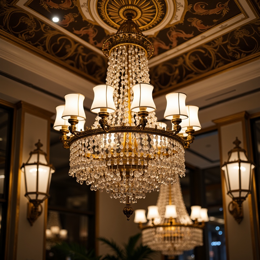 Prompt: Opulent chandeliers, crystal droplets, metallic flutes, ornate sconces, geometric lanterns, luxurious gold accents, rich bronze tones, creamy white shades, lavish crystal pendants, intricate metalwork, stylized floral motifs, ornamental details, dramatic ceiling fixtures, ambient warm lighting, soft golden glow, 1/1 composition, high-contrast ratios, shallow depth of field, realistic reflections.