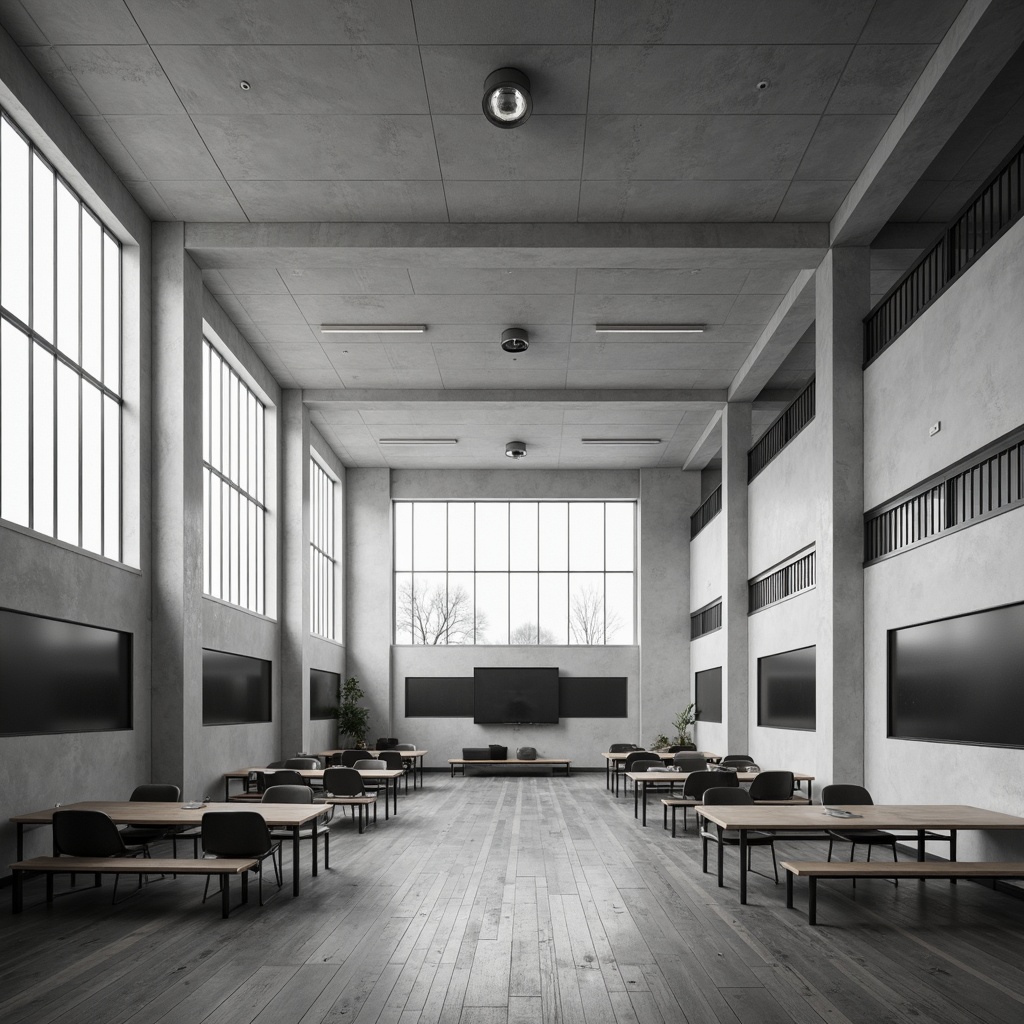 Prompt: Monochromatic school interior, smooth concrete walls, textured wooden floors, minimalist furniture, simple geometric shapes, natural light pouring in, subtle color palette, calm atmosphere, industrial-chic aesthetic, polished metal accents, matte blackboards, built-in shelving, cozy reading nooks, ergonomic chairs, plenty of negative space, shallow depth of field, 1/1 composition, softbox lighting, ambient occlusion.