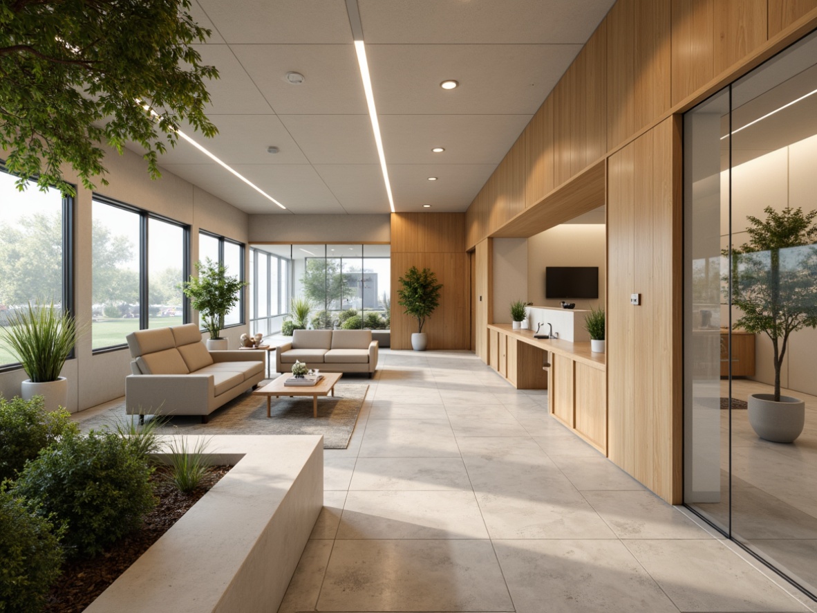 Prompt: Minimalist clinic interior, natural stone floors, sleek glass partitions, modern vernacular style, wooden accents, stainless steel hardware, soft diffused lighting, warm beige colors, comfortable waiting areas, lush green plants, calming ambiance, shallow depth of field, 1/2 composition, realistic textures, ambient occlusion.