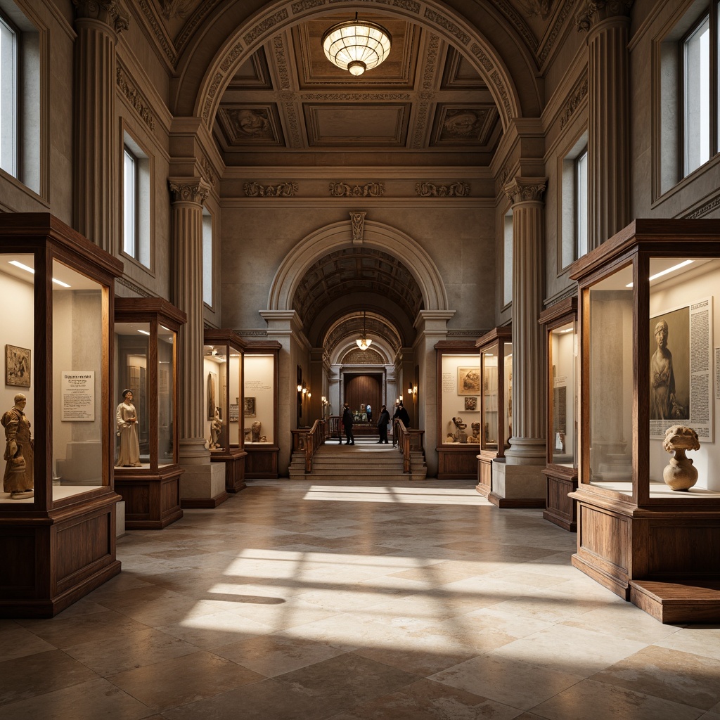 Prompt: Grand museum entrance, ornate stone fa\u00e7ade, majestic columns, polished marble floors, high ceilings, grand staircases, traditional display cases, intricate wood carvings, soft warm lighting, subtle shadows, neutral color palette, elegant typography, informative signage, historic artifacts, cultural relics, sophisticated ambiance, shallow depth of field, 1/1 composition, realistic textures, ambient occlusion.