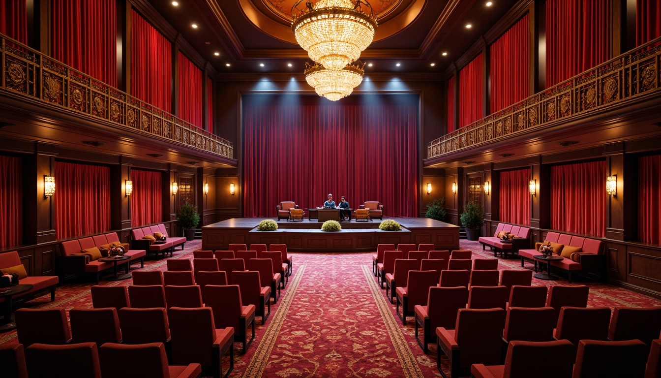 Prompt: Luxurious auditorium, velvet drapes, plush carpeting, ornate chandeliers, wooden paneling, comfortable seating, acoustic soundproofing, state-of-the-art lighting systems, grand stage, crimson red curtains, intricate patterns, vibrant colorful textiles, soft warm glow, shallow depth of field, 1/1 composition, realistic textures, ambient occlusion.