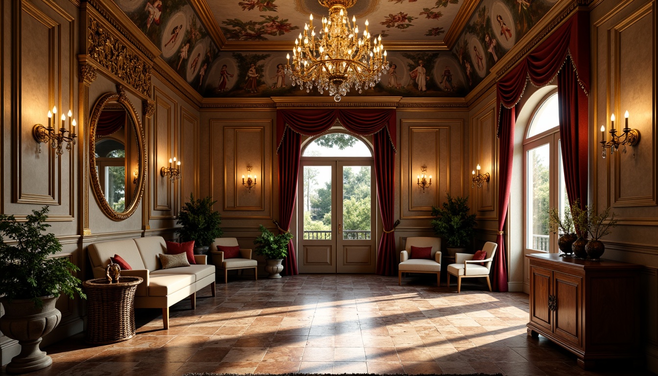 Prompt: Opulent Baroque mudroom, rich earthy tones, ornate plasterwork, gilded accents, crystal chandeliers, warm golden lighting, lavish furnishings, velvet drapes, intricately carved wooden paneling, rustic stone flooring, arched windows, grandiose mirrors, elaborate frescoes, dramatic shadows, soft ambient glow, 1/2 composition, cinematic lighting, high contrast ratio, realistic textures, subtle grain.