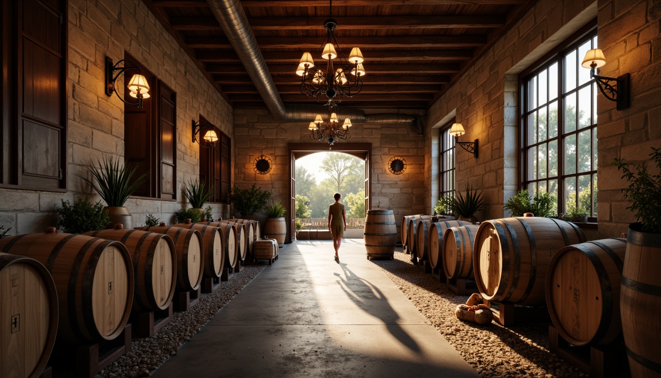 Prompt: Rustic winery, wooden barrel storage, dim warm lighting, soft glow, vintage lanterns, wrought iron chandeliers, earthy tones, stone walls, reclaimed wood accents, industrial metal beams, exposed ductwork, natural textiles, distressed finishes, rich leathery aromas, afternoon sunlight, soft shadows, 1/1 composition, cinematic view, realistic reflections, ambient occlusion.