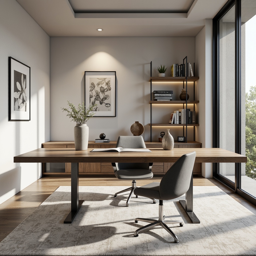 Prompt: Streamlined modern home office, minimalist decor, monochromatic color scheme, sleek wooden desk, ergonomic chair, geometric patterns, abstract artwork, floor-to-ceiling windows, natural light, subtle textures, soft ambient lighting, shallow depth of field, 1/1 composition, realistic render, warm neutral tones, industrial chic accents, metallic legs, minimalist shelving units, organized storage spaces, futuristic gadgets, high-tech devices.