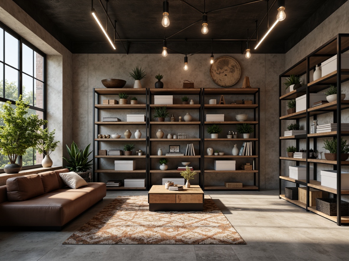 Prompt: Modern storage room, sleek shelving units, industrial metal frames, reclaimed wood accents, minimalist design, functional storage bins, geometric patterned rugs, concrete flooring, Edison bulb lighting, urban loft atmosphere, 3/4 composition, shallow depth of field, realistic textures, ambient occlusion.