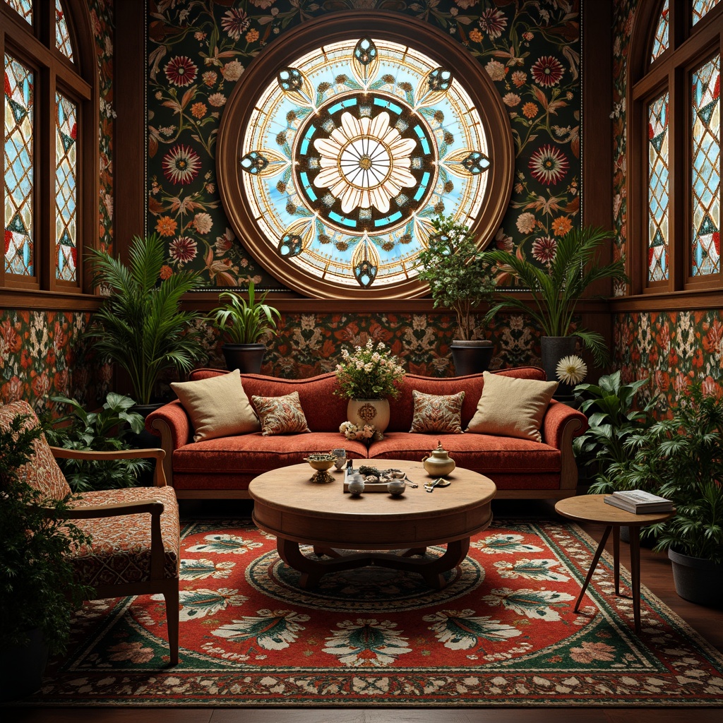 Prompt: Intricate floral patterns, organic shapes, sinuous lines, ornate metalwork, stained glass windows, vibrant jewel-toned colors, luxurious velvet fabrics, carved wooden furniture, delicate ceramics, beaded embroidery, naturalistic motifs, peacock-inspired designs, flowing curvilinear forms, subtle gradient effects, warm golden lighting, shallow depth of field, 2/3 composition, realistic textures, ambient occlusion.