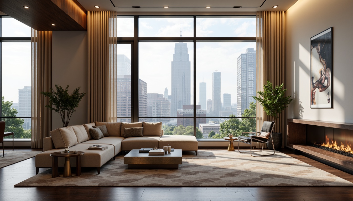 Prompt: Modern luxury living room, sleek minimalist decor, low-profile sectional sofa, tufted velvet upholstery, metallic accent tables, geometric-patterned area rug, floor-to-ceiling windows, cityscape view, soft warm ambiance, cozy reading nook, ergonomic task chair, adjustable desk lamp, rich wood tones, polished chrome legs, plush throw pillows, abstract artwork, 1/1 composition, high-key lighting, realistic textures, subtle ambient occlusion.