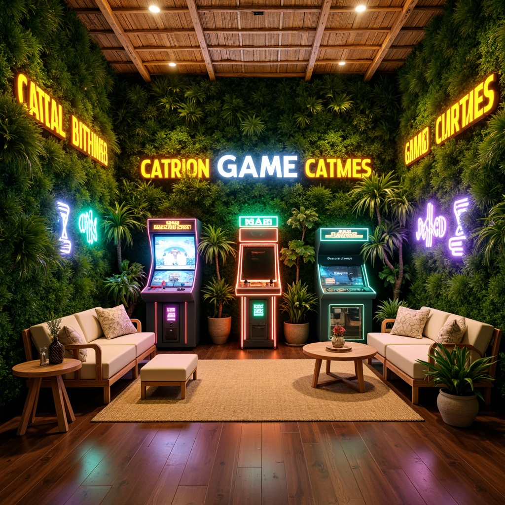 Prompt: Vibrant tropical game room, lush green walls, exotic plants, warm wooden flooring, cozy ambient lighting, soft glowing neon signs, colorful LED strips, futuristic arcade machines, retro-style gaming consoles, comfortable plush seating, natural fiber rugs, woven bamboo ceiling, warm beige tones, creamy white accents, dramatic spotlights, shallow depth of field, 1/1 composition, realistic textures, ambient occlusion.