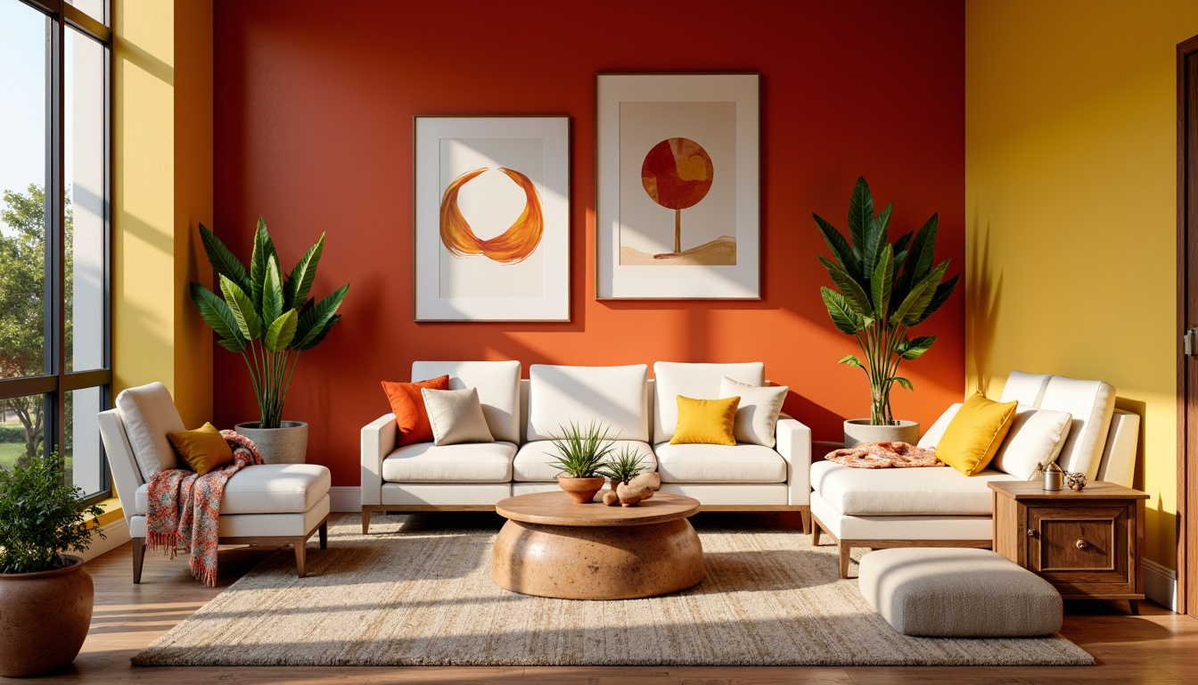 Prompt: Vibrant living room, bold accent walls, soft cream furniture, rich wood flooring, plush throw blankets, warm golden lighting, natural stone textures, earthy terracotta pots, lush greenery, abstract artwork, geometric patterns, 3/4 composition, shallow depth of field, warm color grading, realistic reflections.